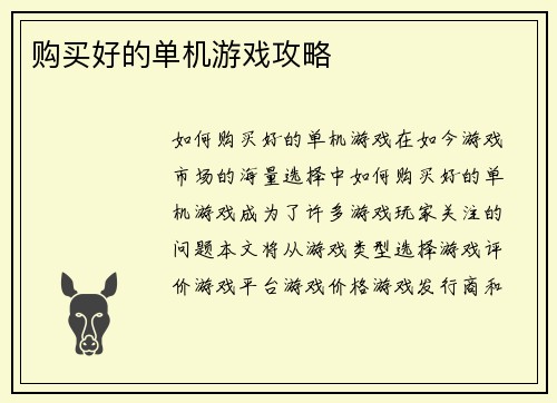 购买好的单机游戏攻略