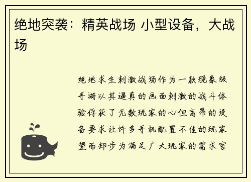 绝地突袭：精英战场 小型设备，大战场